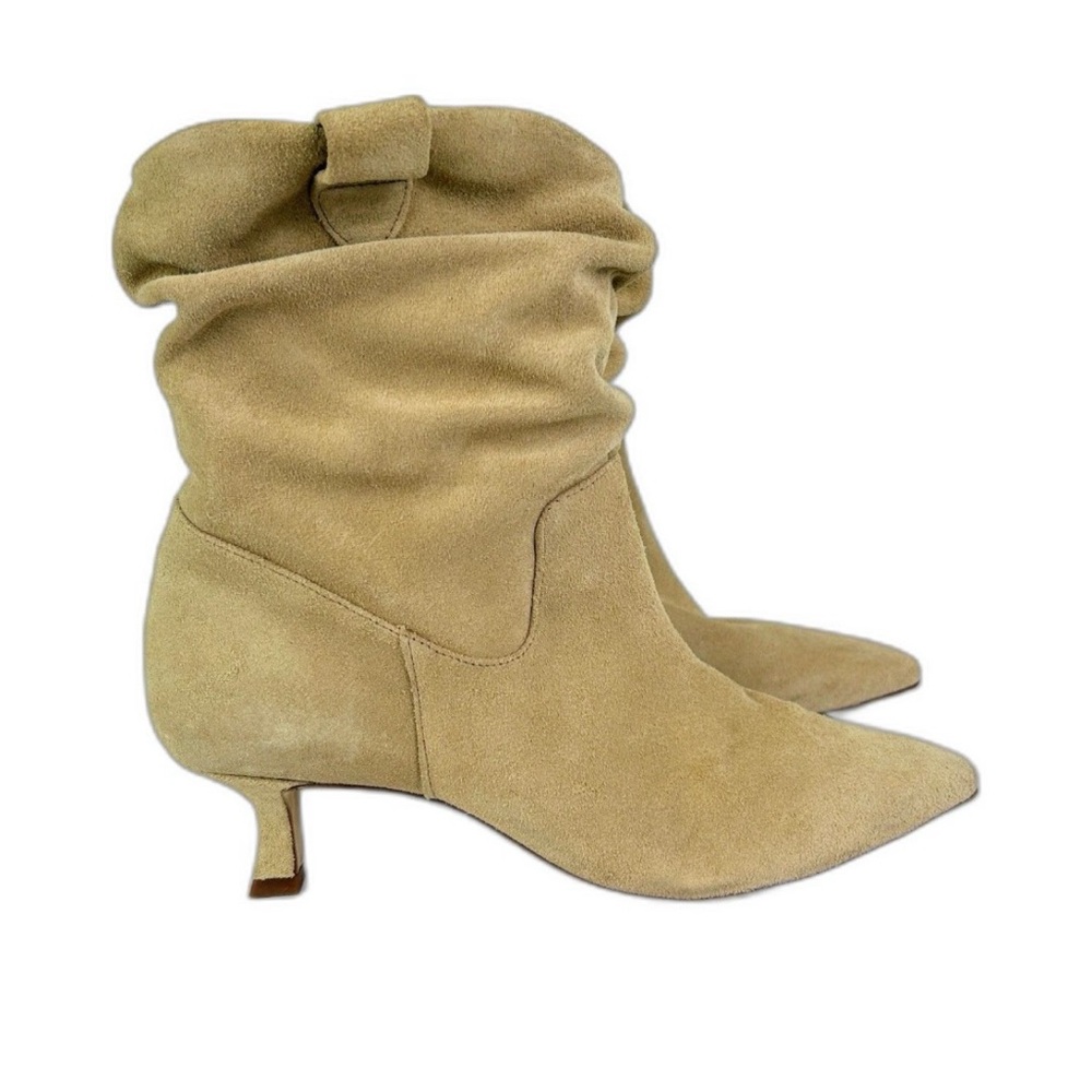 Gianni Bini Sella Beige Suede Boots Kitten Heel Scrunch Ankle Booties Pointed 8